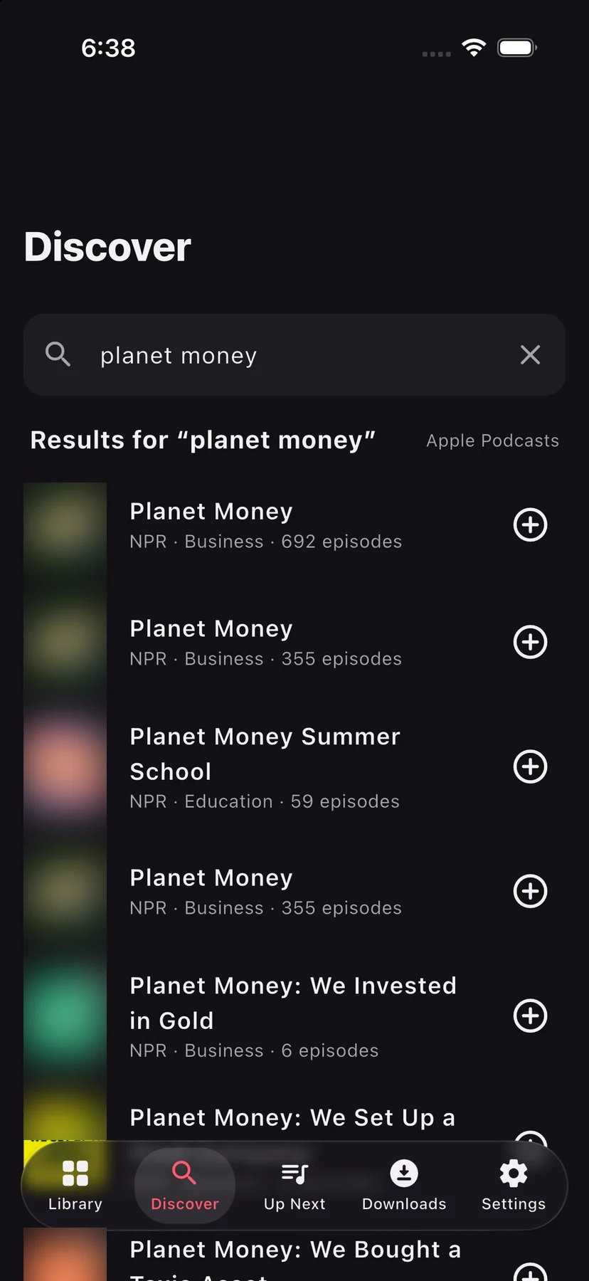 Discover on iPhone: search results for “planet money” from the Apple Podcasts directory, each with a subscribe button