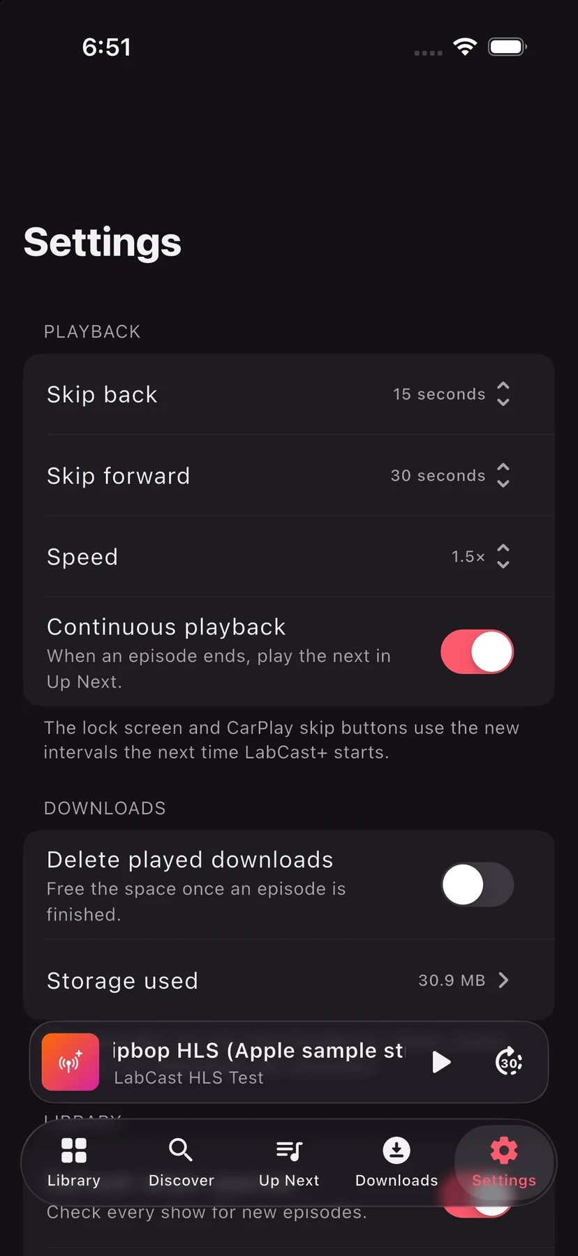 LabCast+ Settings on iPhone: skip back and forward intervals, speed, continuous playback and download options
